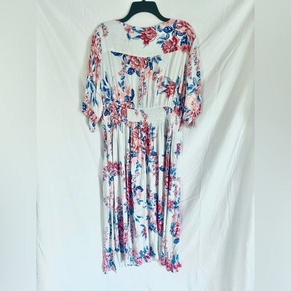 Oddy Midi Dress Baby Blue W Blue & Pink Florals Button Down Short Sleeve Size 2X - Picture 2 of 5